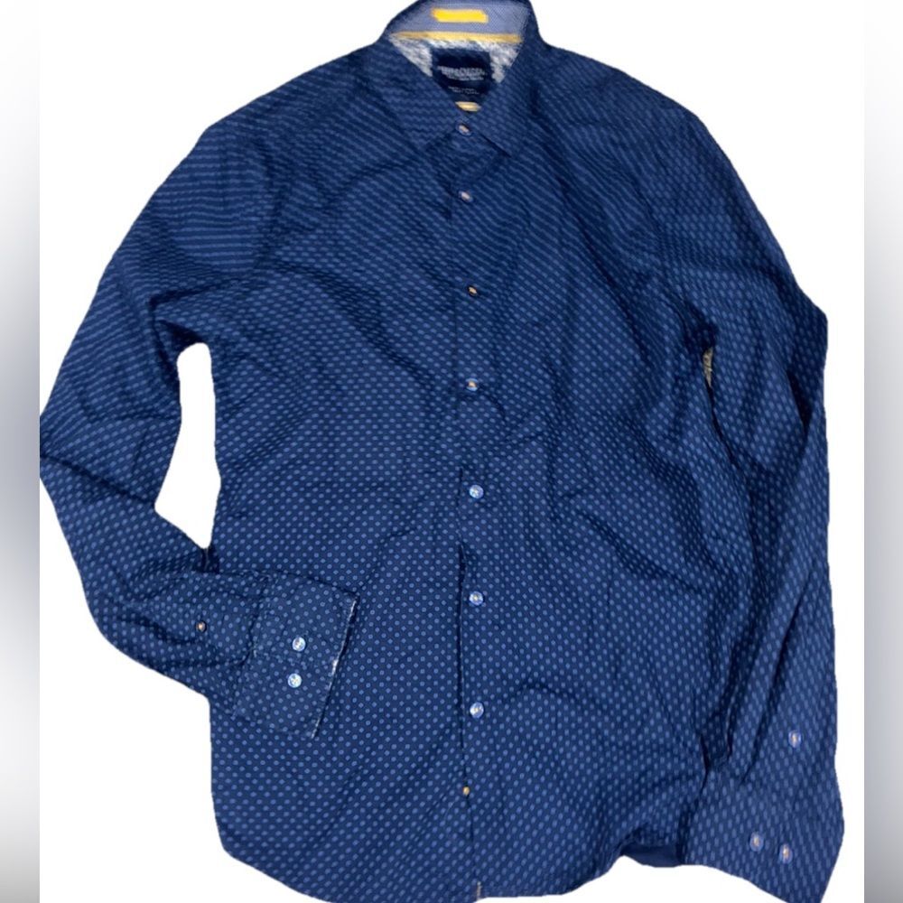 Denim & Flower Ricky Singh Menās Slim Fit Shirt Navy Geometric Print Long Slv Sm